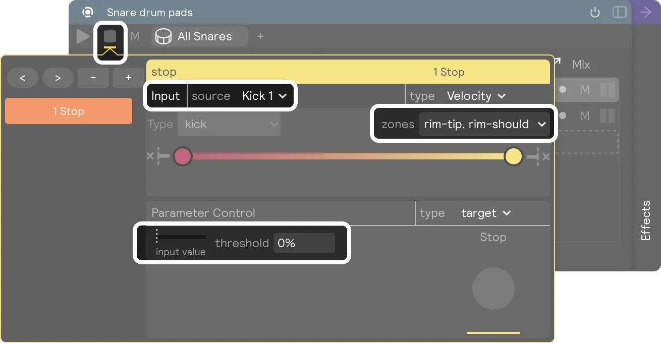 A screenshot showing an assignment on a stop button from the kick drum