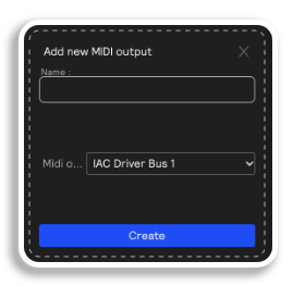 A screenshot of the create midi output screen, asking to name the output and choose an output channel