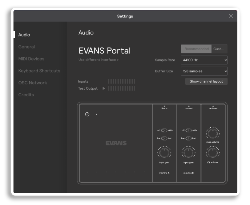 The EVANS Portal Audio Settings page