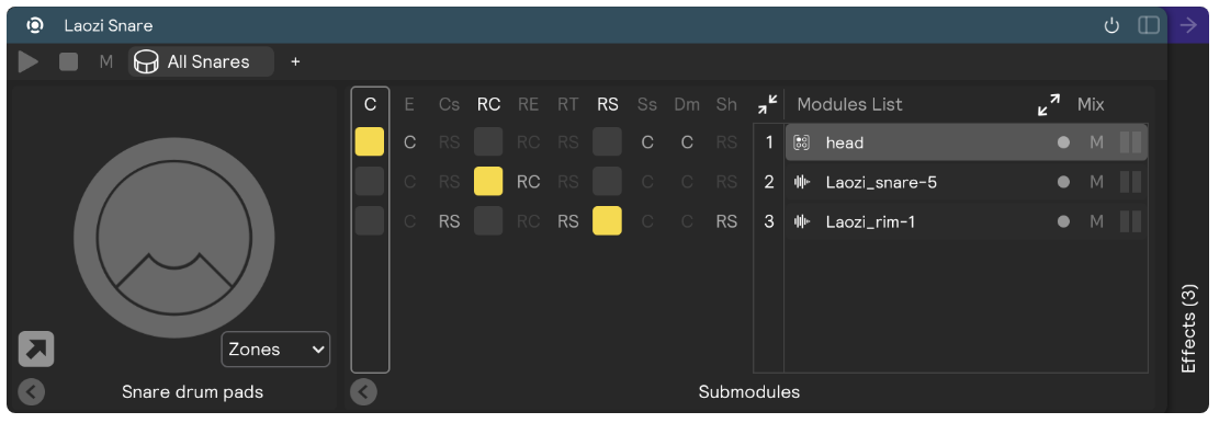 A screenshot of the drum pads module that shows assigning modules to different drum zones