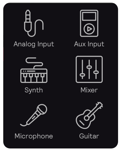 A screenshot of the different icons available to represent your audio insert: a cable jack, a MP3 players, a keyboard synth, a mixer, a microphone, and a guitar