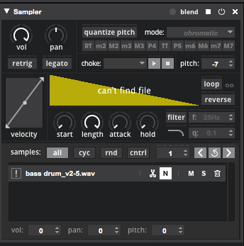 A screenshot showing a sampler with a broken sample link