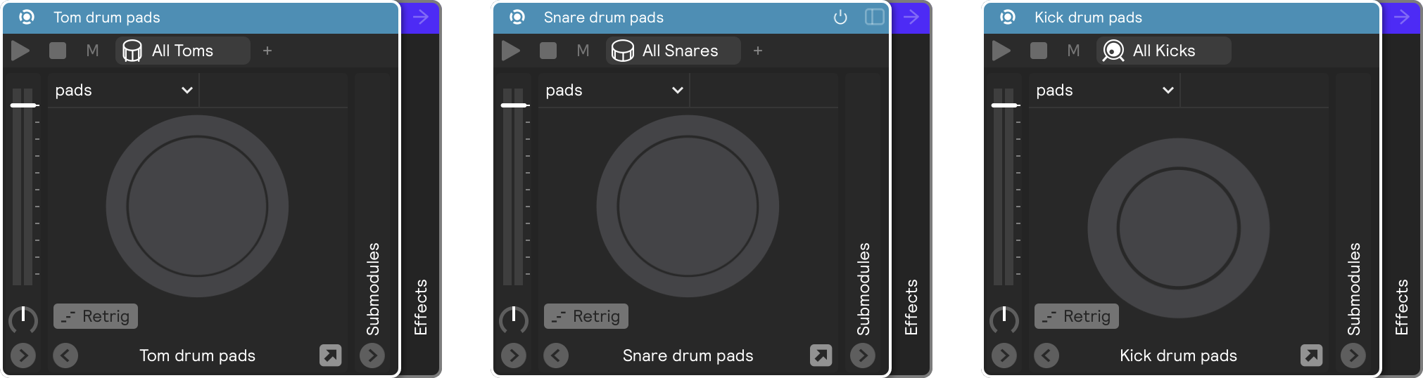 An image showing four examples of drum pads with different amounts of training
