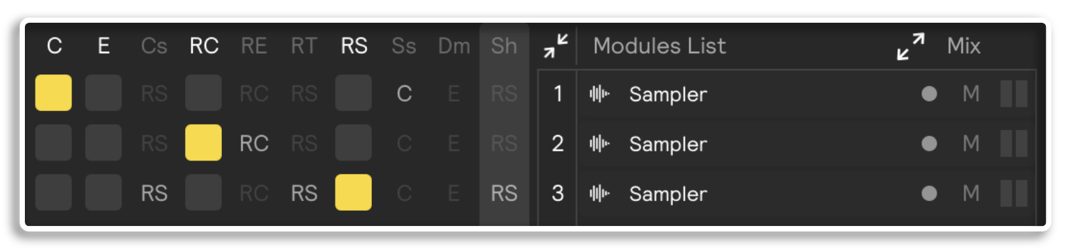 A screenshot of a drum pad module with automatic assignments on inactive pads and one active pad without any module assigned to it