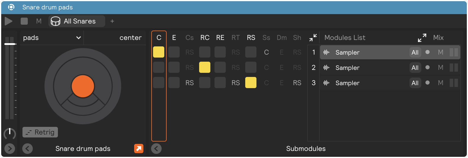 A screenshot of a drum pad module with the &#39;highlight last played&#39; button enabled