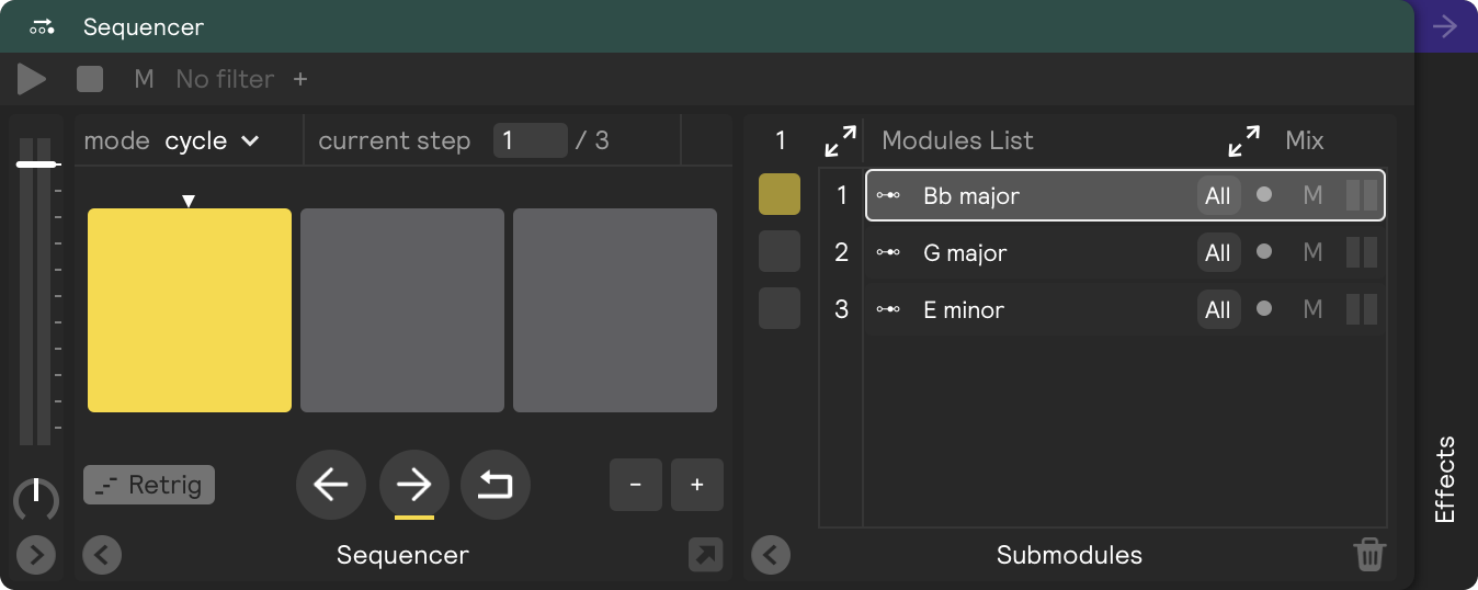 A sequencer set to manual mode containing 3 steps, each of which is a note controller set to a different scale