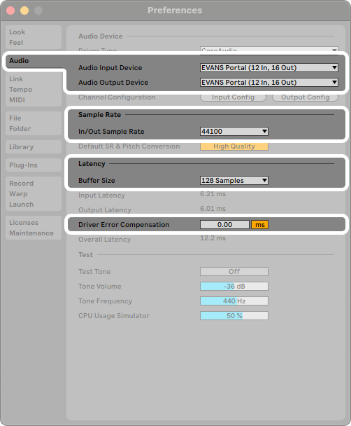 A screenshot of the Ableton Audio Preferences window