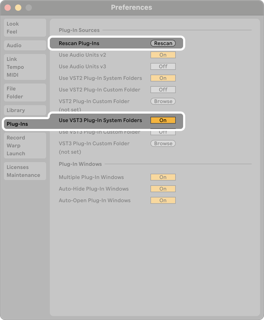 A screenshot of the Ableton Plug-ins Preferences window