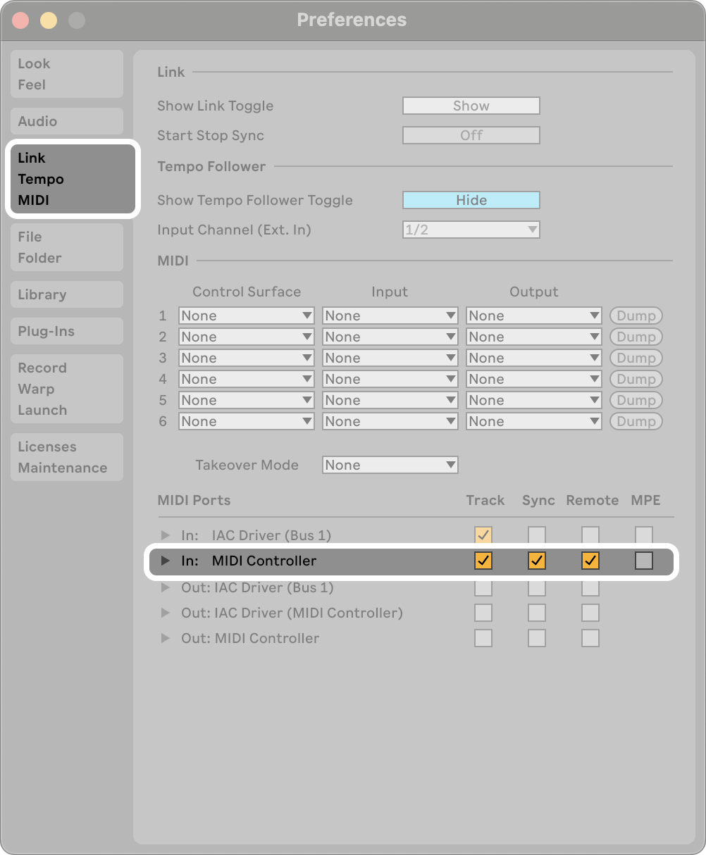 A screenshot of the Ableton MIDI Preferences window