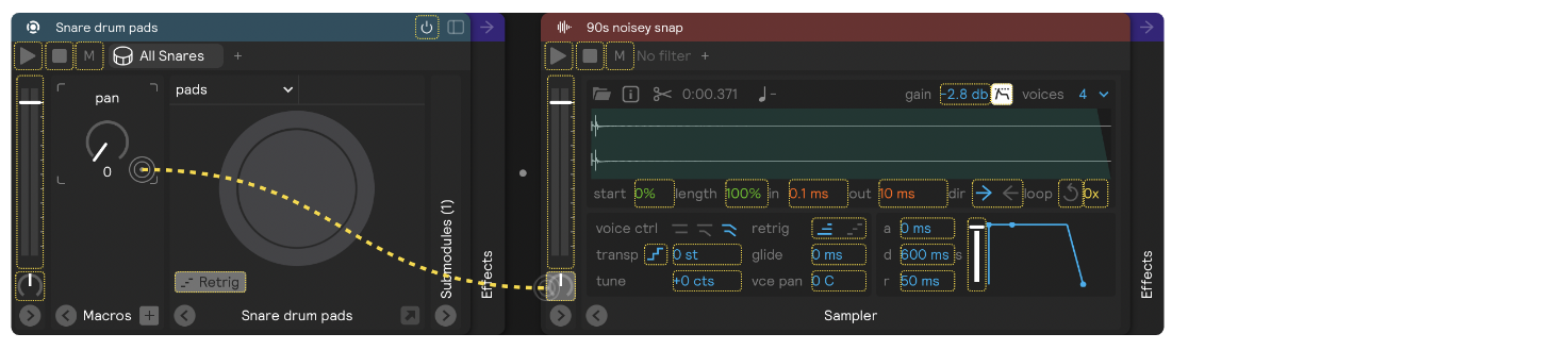 A screenshot of a macro named &#39;pan&#39; being assigned to a sampler&#39;s pan knob.