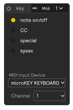 A screenshot of a MIDI hardware input with note on/off signal coming through
