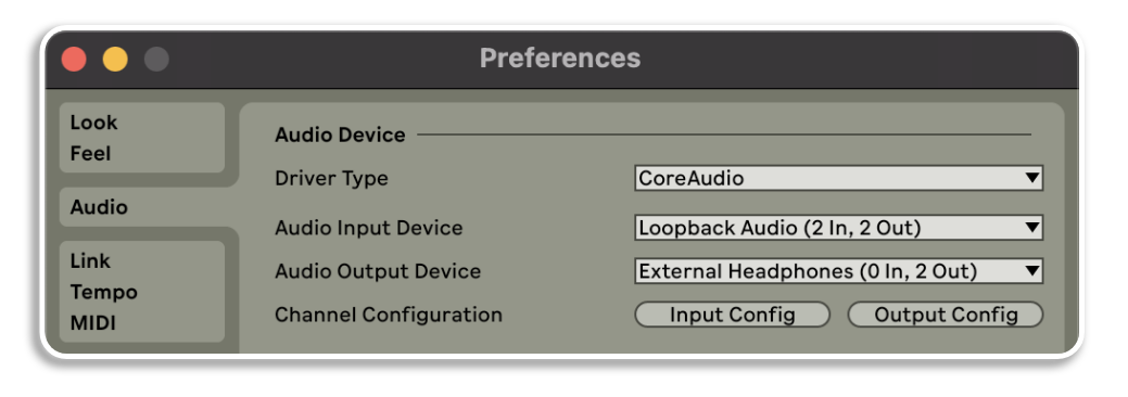 A screenshot of the audio settings in Ableton, with Loopback Audio as the input