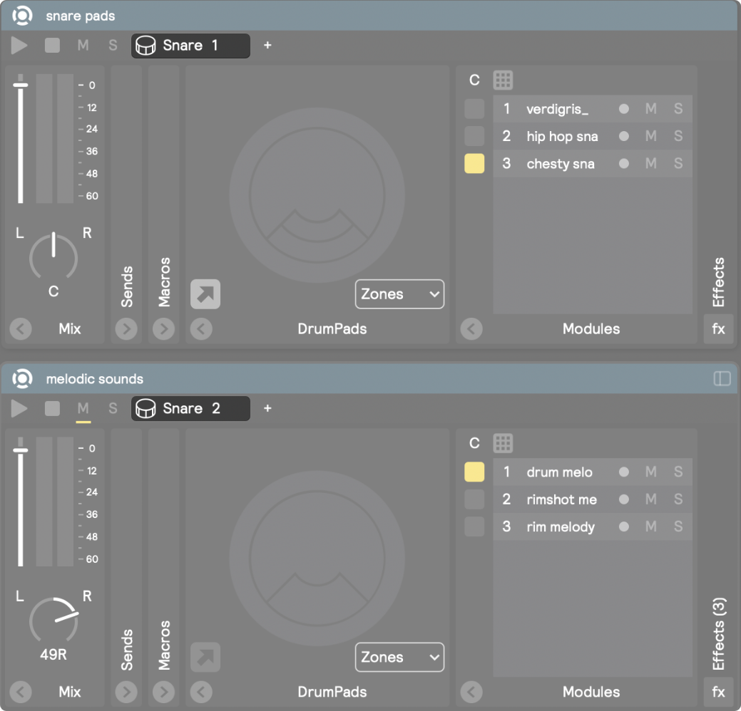 Two screenshots of modules with filters. One is filtering on Snare 1 the other on Snare 2.