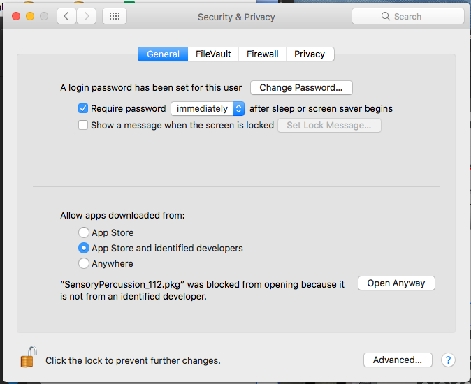 A screenshot of the Security &amp; Privacy settings window on the mac
