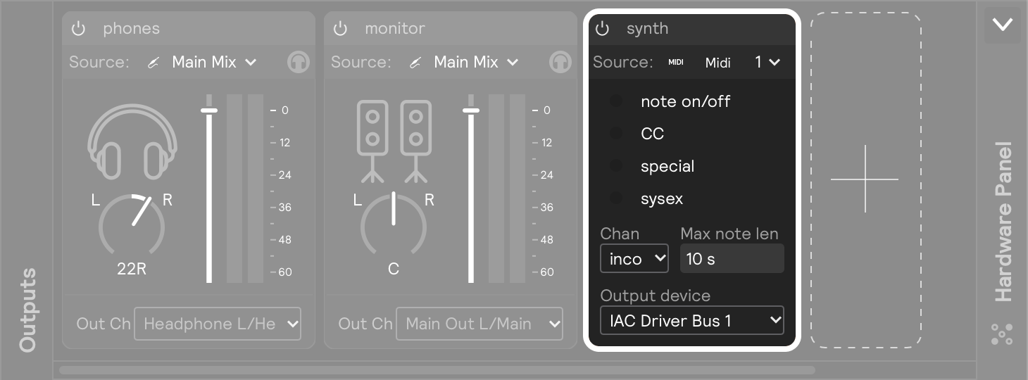A screenshot showing a MIDI Output in the Hardware Outputs panel