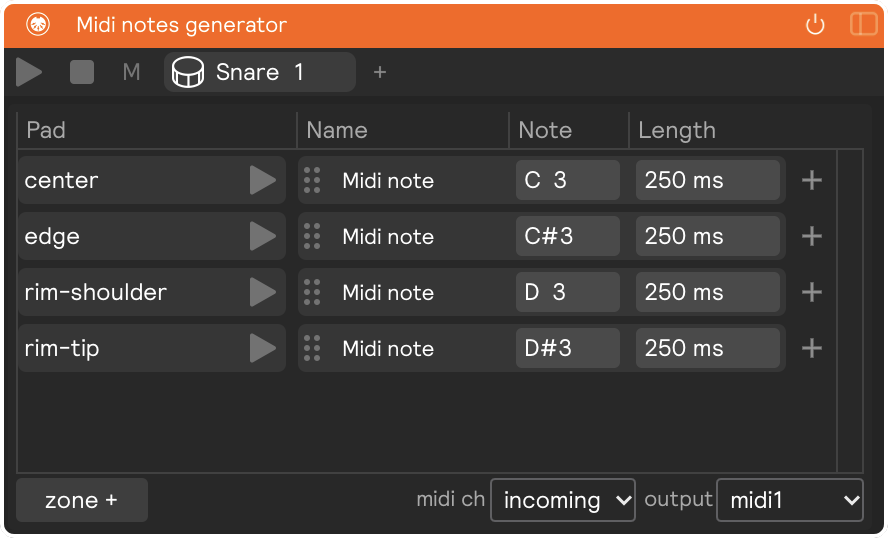 A screenshot of the MIDI notes generator module
