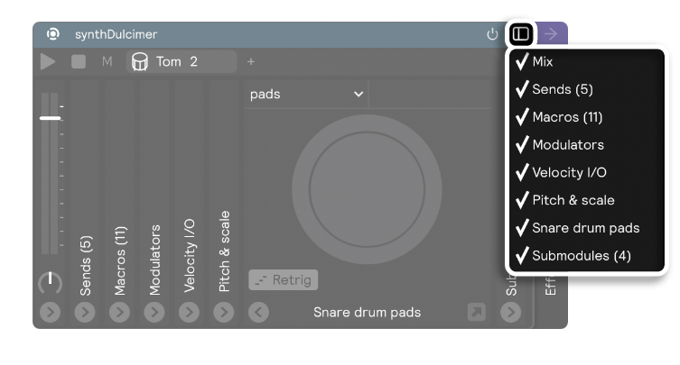 A screenshot displaying the panels dropdown of a Drum Pad controller