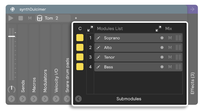 A screenshot of a controller with the submodules panel highlighted.