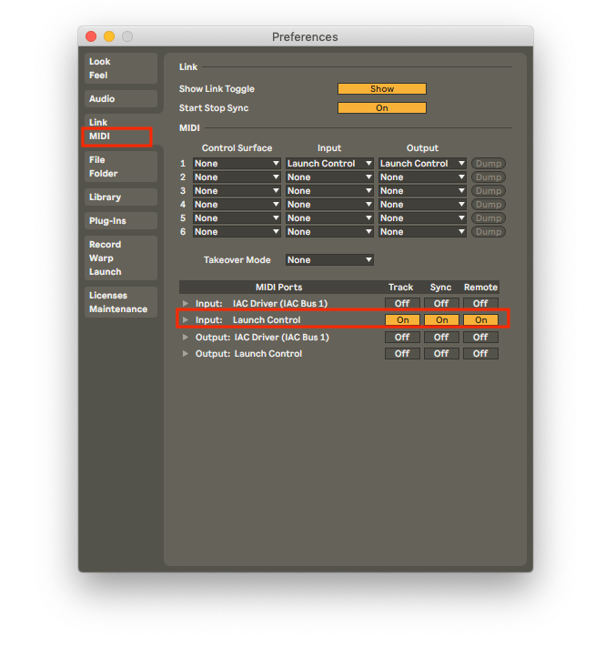 A screenshot of the Ableton MIDI preferences window