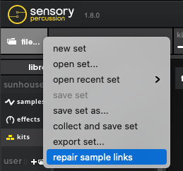 A screenshots of the File menu dropdown options showing the &#39;repair sample links&#39; option