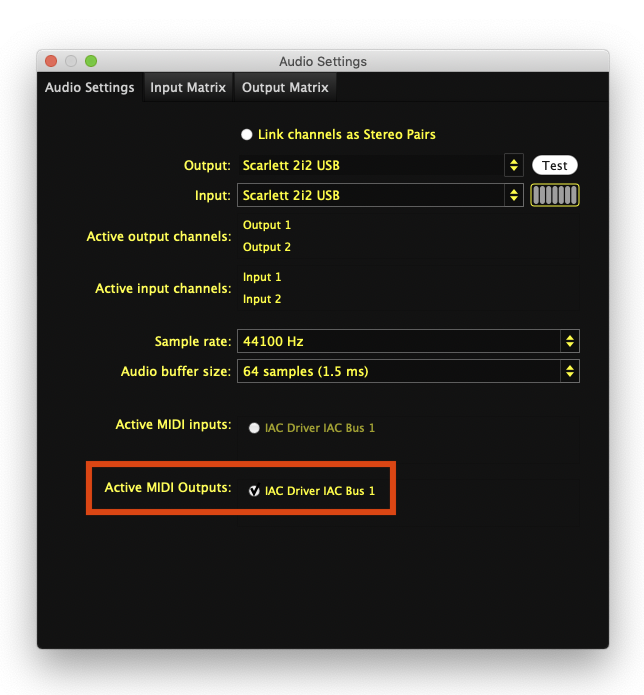 A screenshot of the Sensory Percussion audio settings page showing the MIDI outputs