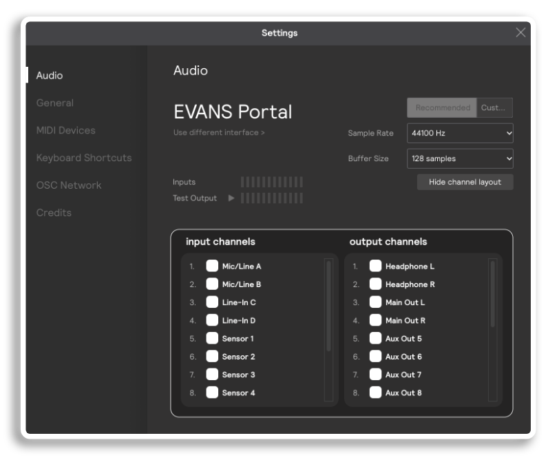 The EVANS Portal Audio Settings page with the channel layout open
