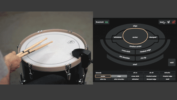 A gif showing proper technique for training the Center Zone on a snare