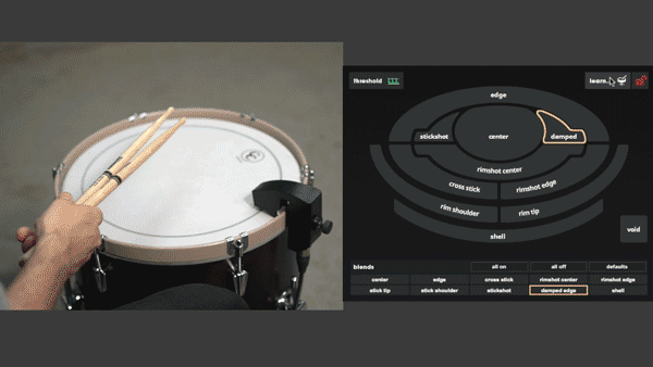 A gif showing proper technique for training the Damped Edge zone on a snare