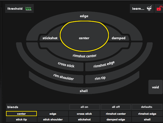 A screenshot showing Sensory Percussion in &#39;learn...&#39; mode for training