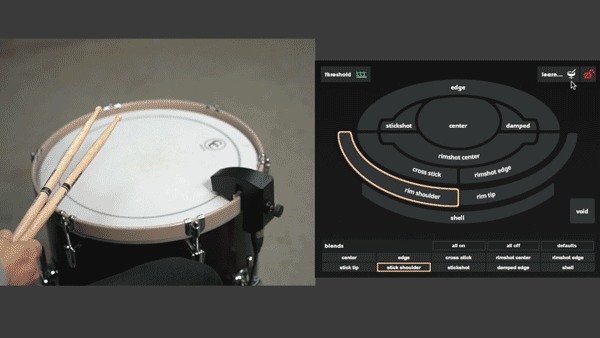 A gif showing proper technique for training the Rim Shoulder Zone on a snare