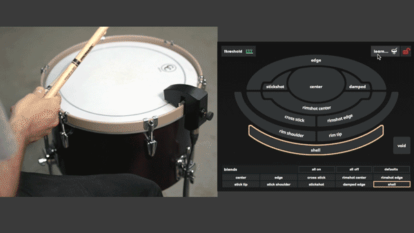 A gif showing proper technique for training the Shell Zone on a snare