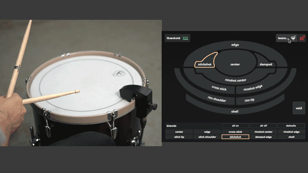 A gif showing proper technique for training the Stickshot zone on a snare