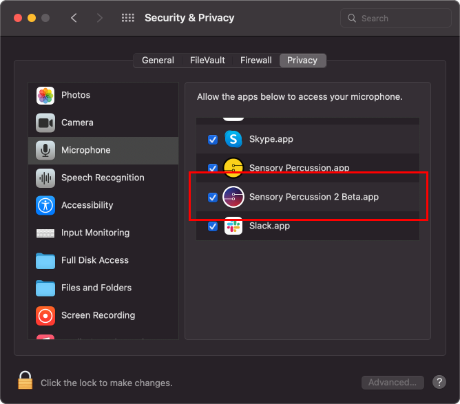 A screenshot showing the Microphone Access page of the Security &amp; Privacy settings in macOS