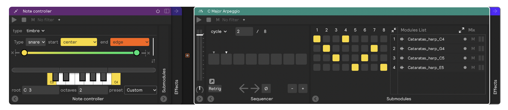 A sequencer with 8 steps containing different combinations of notes from the C Major scale inside of a note controller