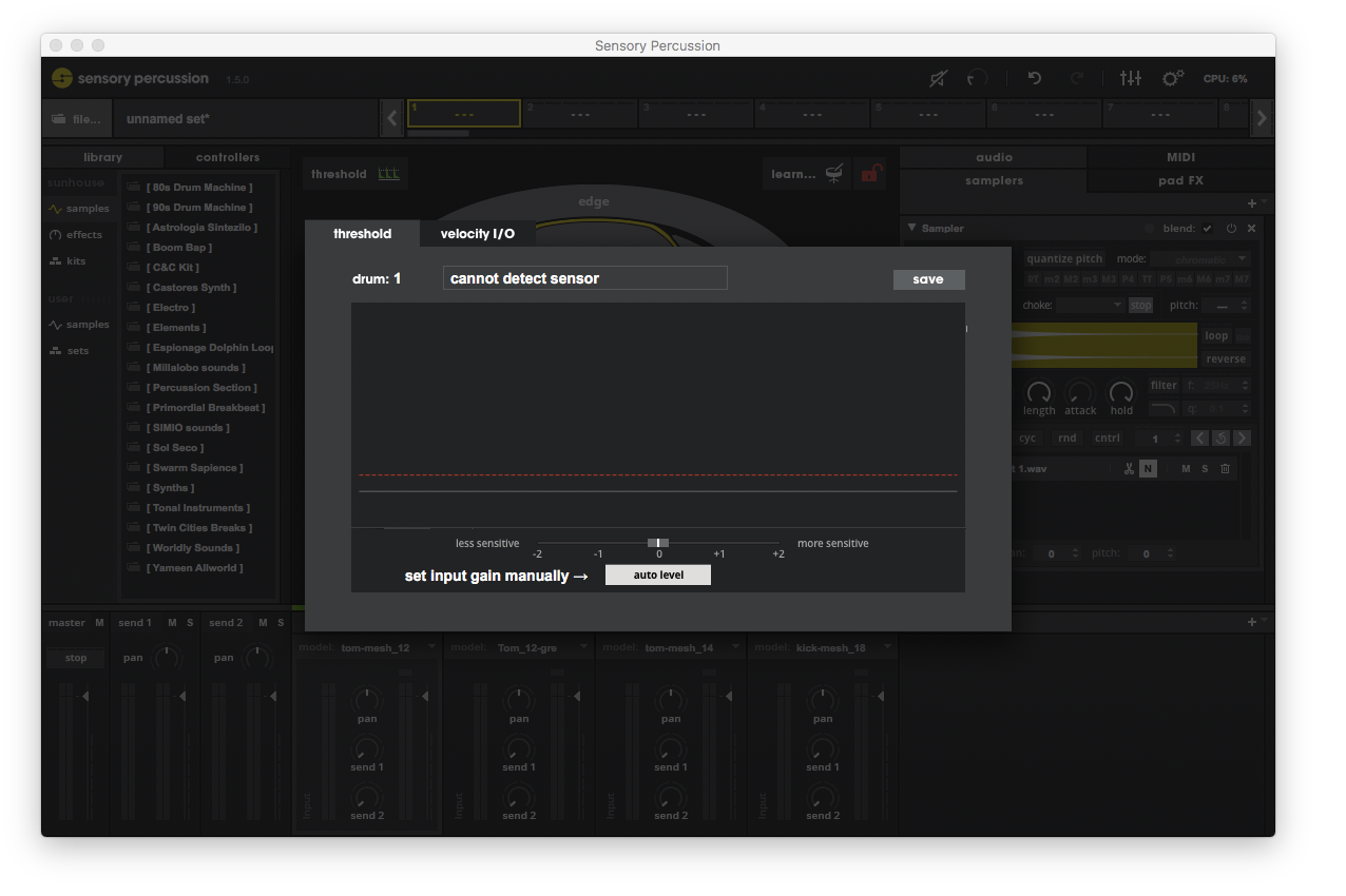 A screenshot of the Sensory Threshold window showing the &#39;cannot detect sensor&#39; message