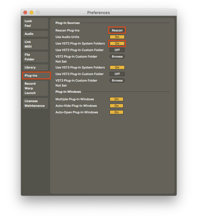 A screenshot of the Ableton Plug-ins Preferences window