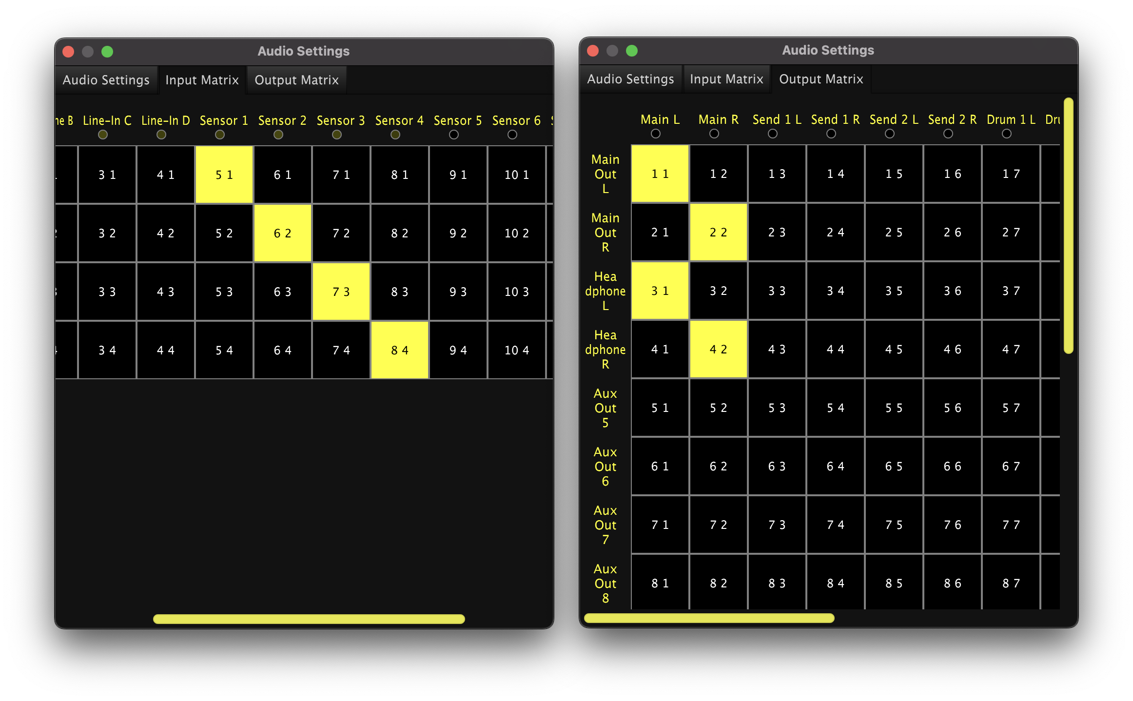 A screenshot of the input and output matrix routing windows