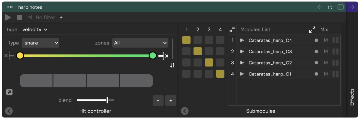 A screenshot of the hit controller module that shows how modules can be assigned to velocity hit ranges