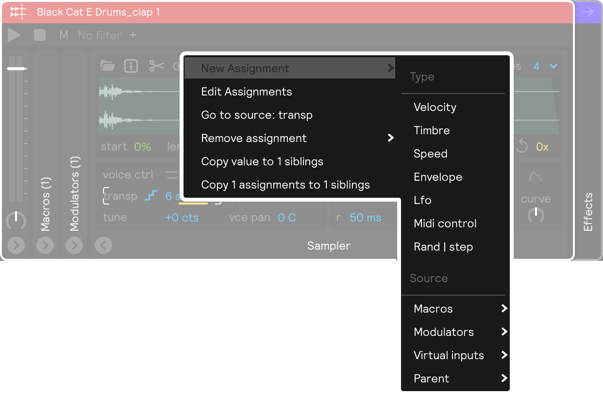 A screenshot of the right-click menu on a sampler's transpose parameter