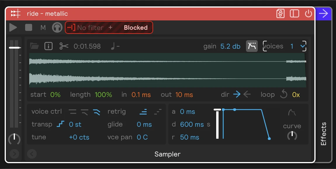 A sampler layer with Block all input on (the red icon and the hatched Blocked tray) and voices set to 1