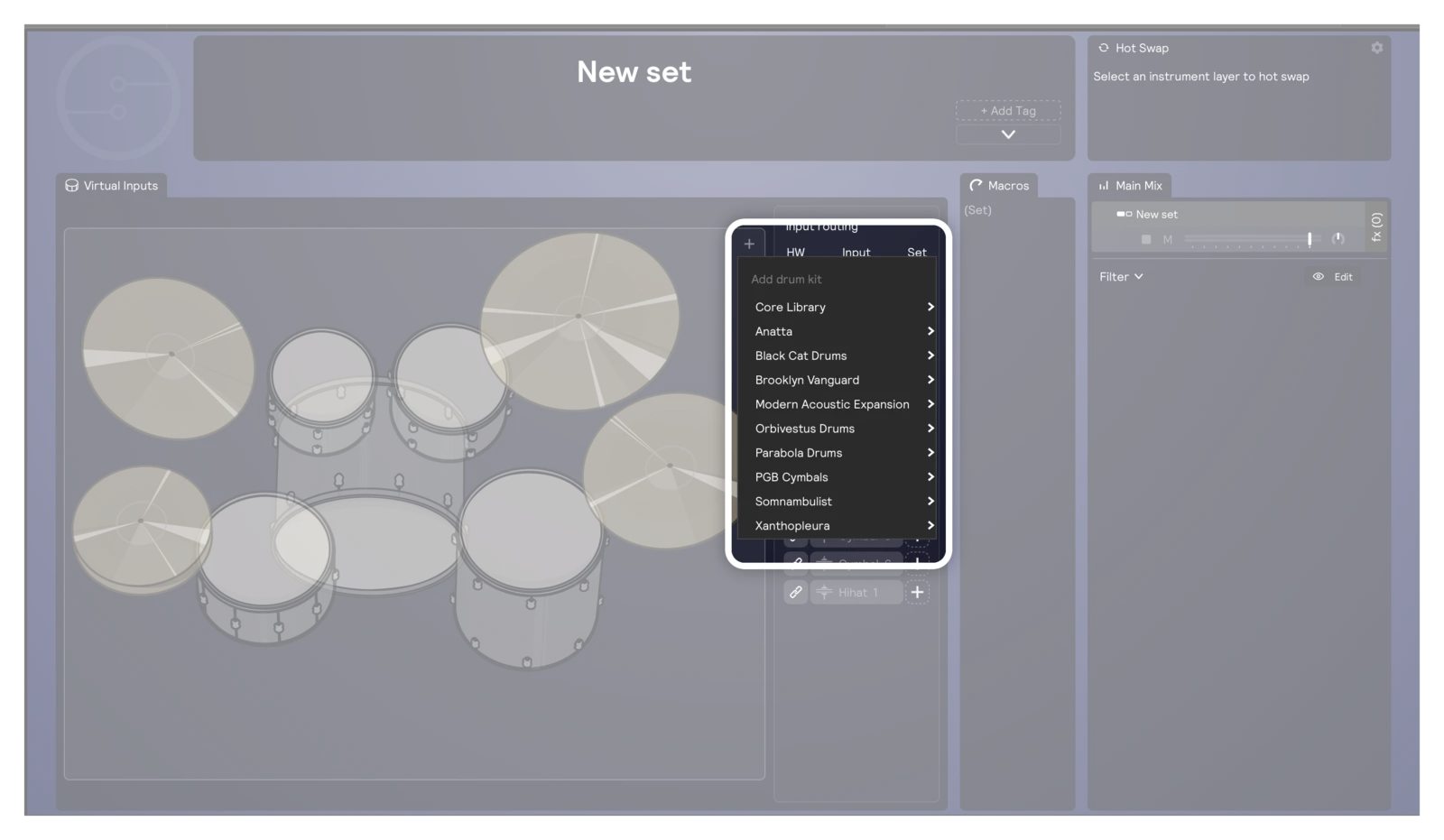 The Add drum kit menu open from the + at the top right of the kit graphic, listing the Core Library and installed sound packs