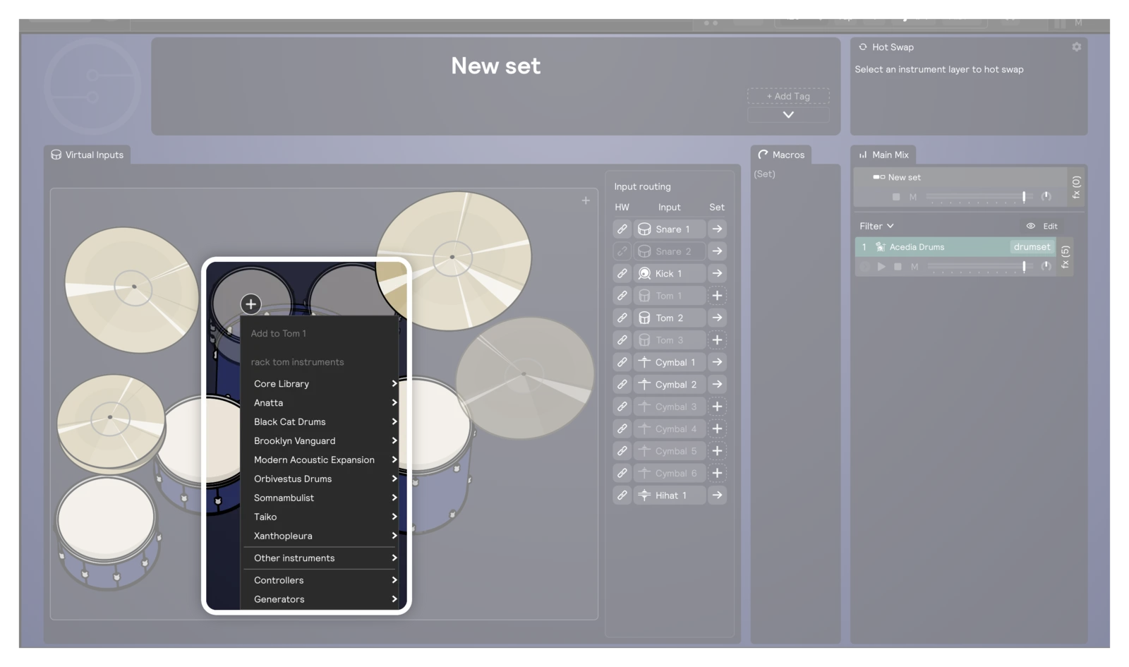 The + on an empty Tom 1 and its Add to Tom 1 menu: rack tom instruments by library, Other instruments, Controllers, and Generators