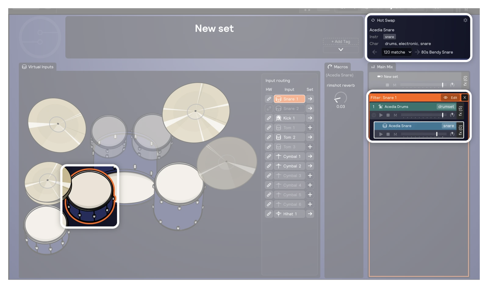 The snare selected in the kit graphic: Main Mix filtered to Snare 1 with Acedia Snare selected, and the Hot Swap panel showing Acedia Snare with 120 matches