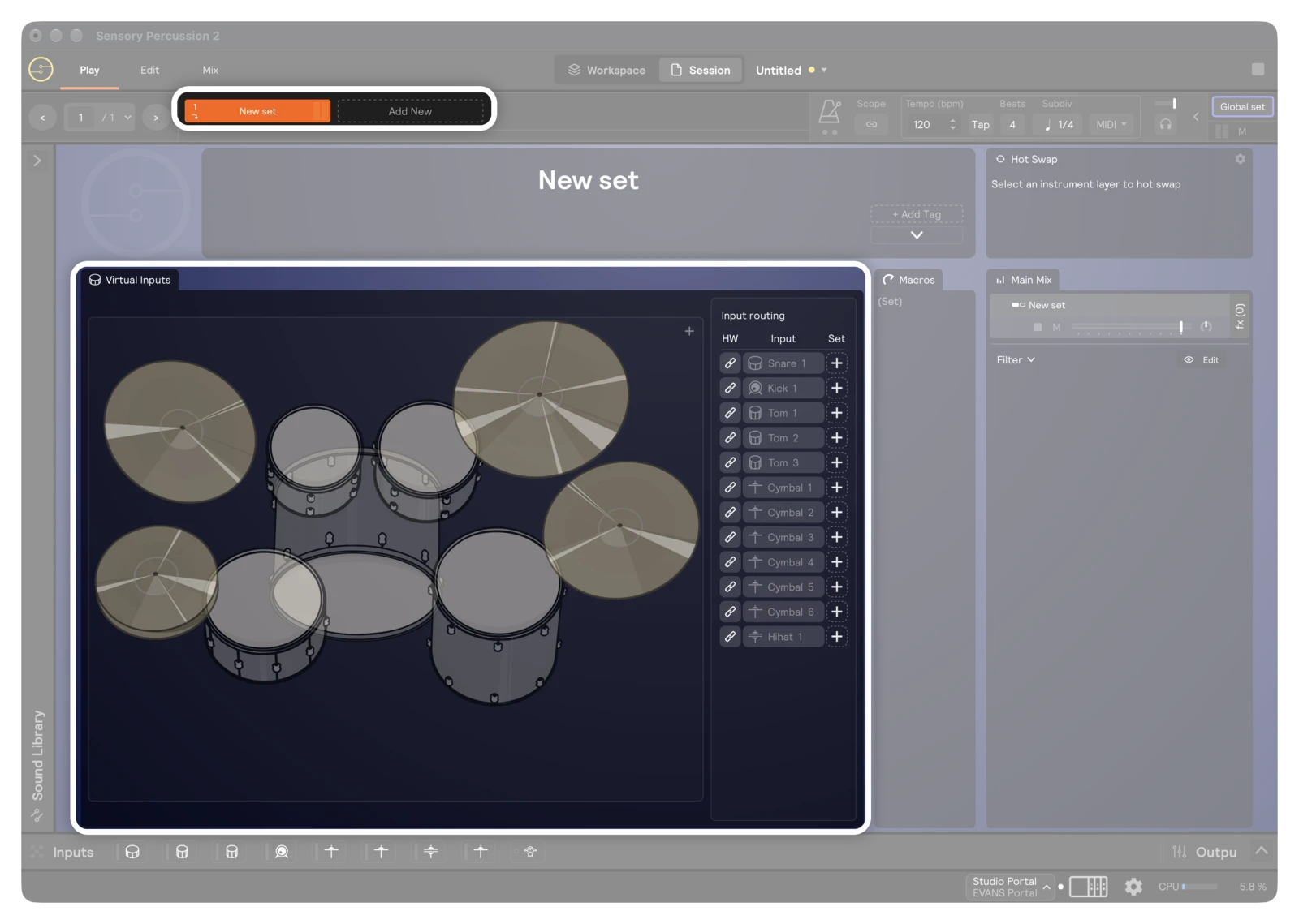 A new, empty set in the Play view: the New set tab and Add New button, and the ghosted kit graphic with Input routing beside it