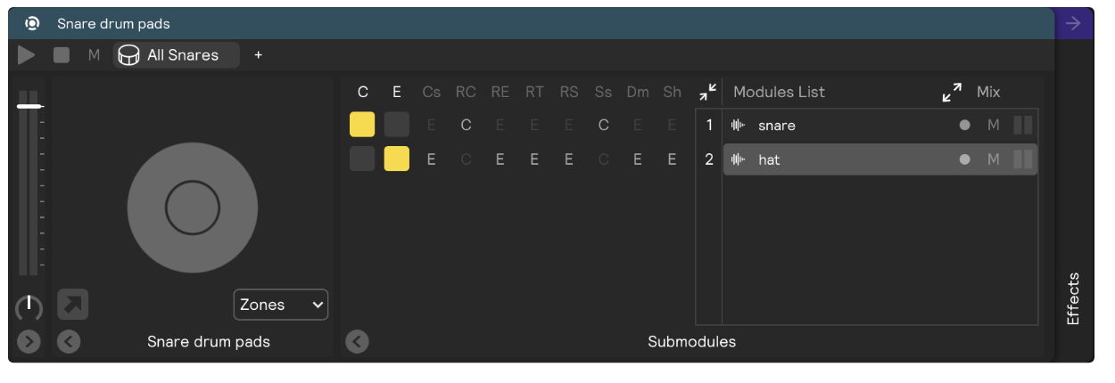 A screenshot of a Drum Pads controller with two active zones containing samplers that are not blended.