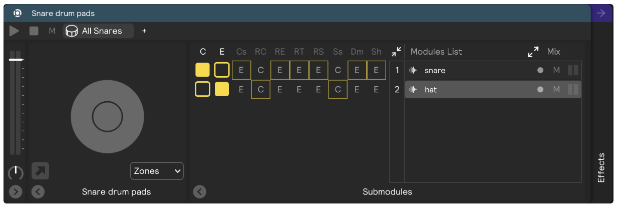 A screenshot of a Snare Drum pads controller with two active zones containing samplers that are blended.