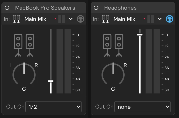 Two hardware outputs: the speakers with the headphone icon off (grey), and Headphones with it on (blue)