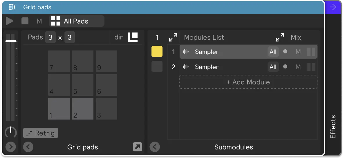 A screenshot of the grid pads controller module