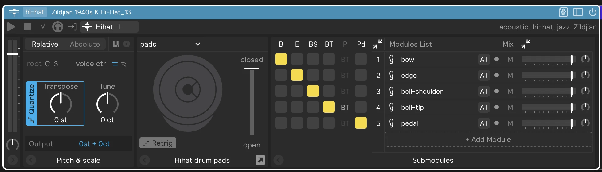 A Hi-hat Pads controller with five submodules mapped to bow, edge, bell-shoulder, bell-tip, and pedal, and the pedal slider between closed and open
