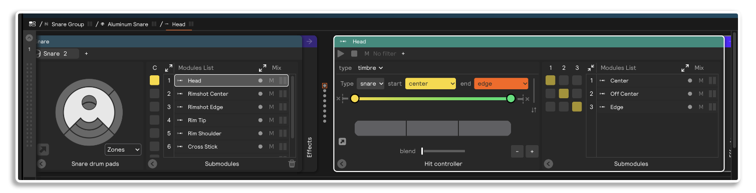 A hit controller with 3 timbre zones: center, off-center, and edge